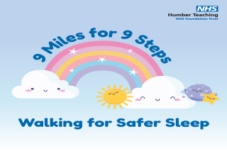 Image of rainbow, clouds and sun. Text 9 Miles for 9 Steps, Walking for Safer Sleep.