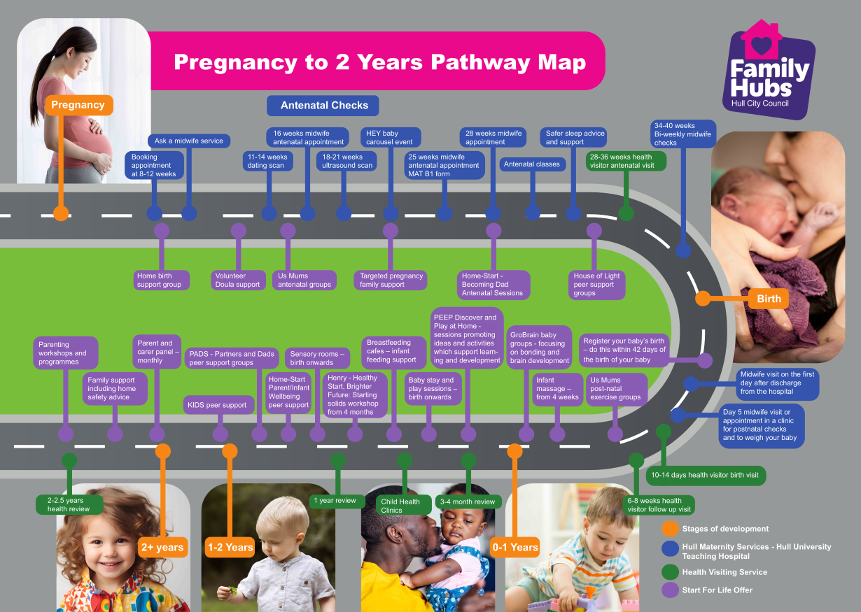 Diagram showing the pathway from pregnancy to 2 years. The support available both professional and voluntary/community based. Explained in page content below.