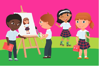 school age children with school bags and wearing uniforms. one is at an art easel. One has roller skates on.